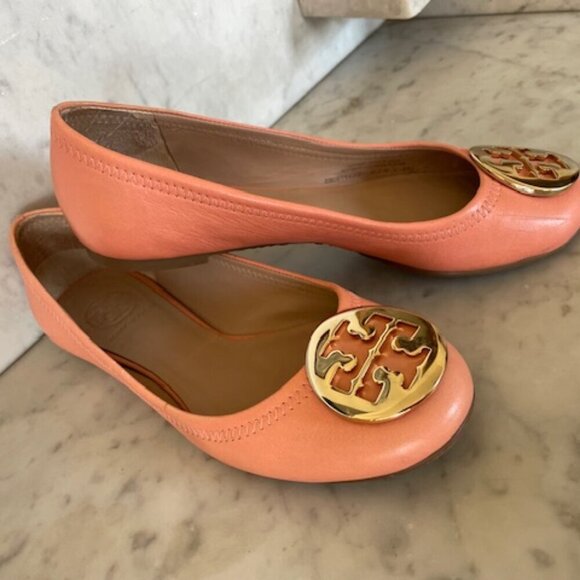 TORY BURCH Minnie Travel Ballet w/ Logo Soft Nappa Leather Sunshine 6 - Picture 4 of 17